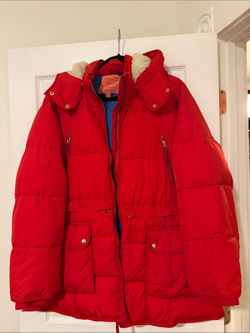 J Crew Signature Red Puffer Jacket with Sherpa Hood